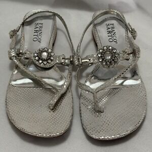 Franco Sarto Rhinestone T Strap Sandals Silver Snake Embossed Leather Glam Sz 7M